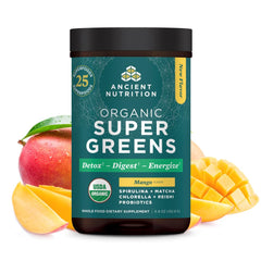 Ancient Nutrition SuperGreens front tub with organic ingredients for daily greens.