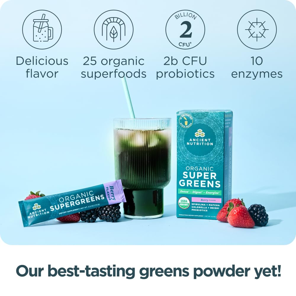 Ancient Nutrition SuperGreens powder swirled in a glass of water for easy mixing