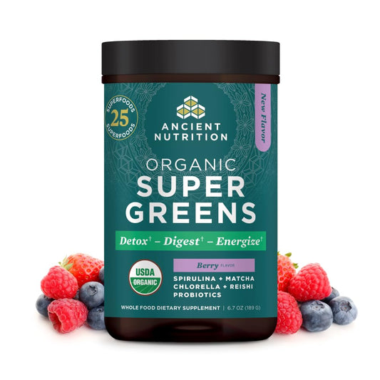 Ancient Nutrition SuperGreens powder jar for daily energy support.