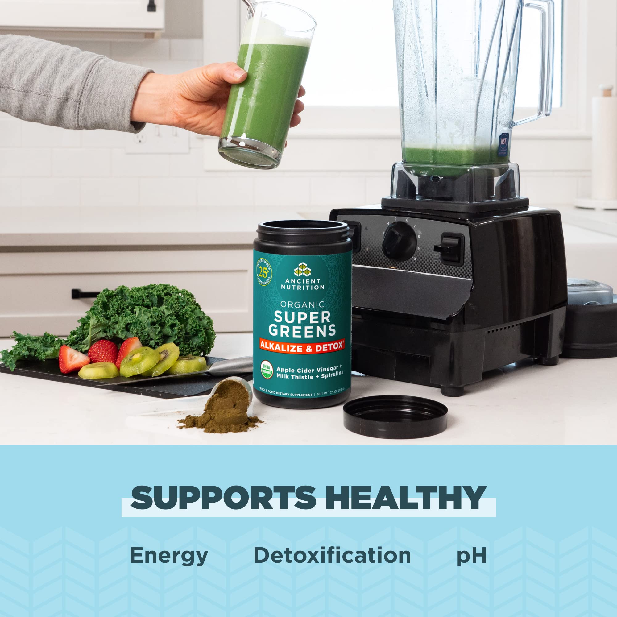 Probiotic Bacillus coagulans in Ancient Nutrition Supergreens supports gut-friendly microflora.
