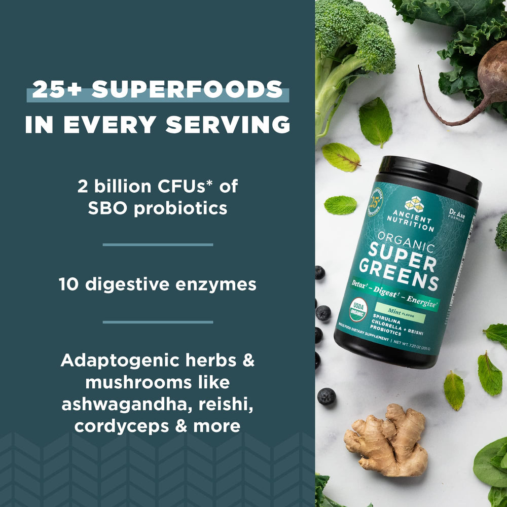 Ancient Nutrition SuperGreens probiotic Bacillus coagulans supports gut microflora.
