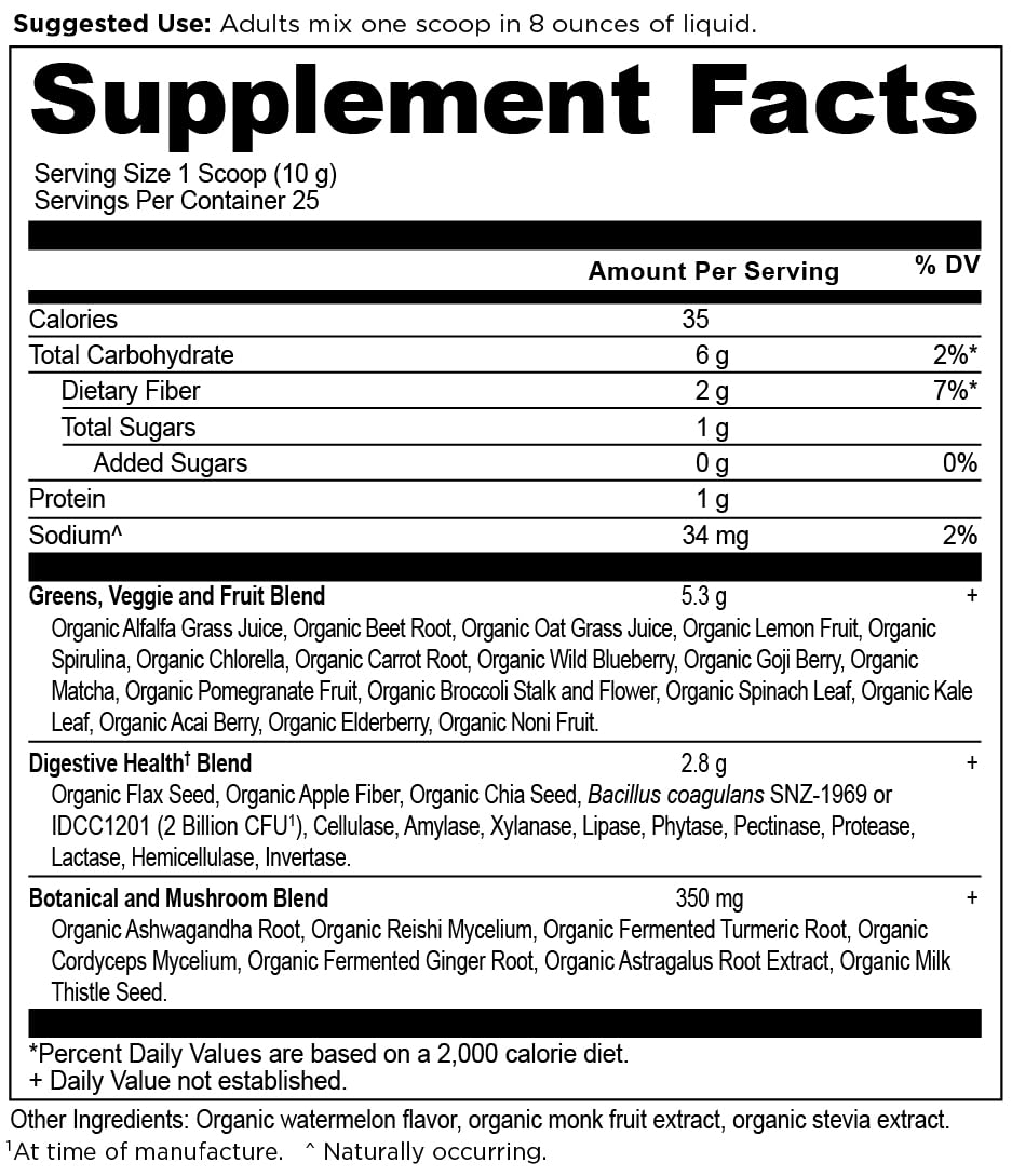 Ancient Nutrition SuperGreens probiotic bottle on a kitchen counter.