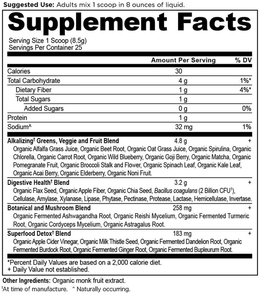 Scoop being poured from Ancient Nutrition Supergreens, convenient daily greens addition.
