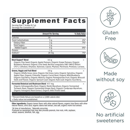 Ancient Nutrition SuperGreens scoop-dispensing emphasizes easy daily serving for routine gut comfort.