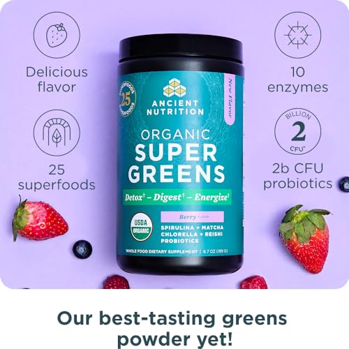 Ancient Nutrition SuperGreens smoothie bowl with berry flavor in focus.