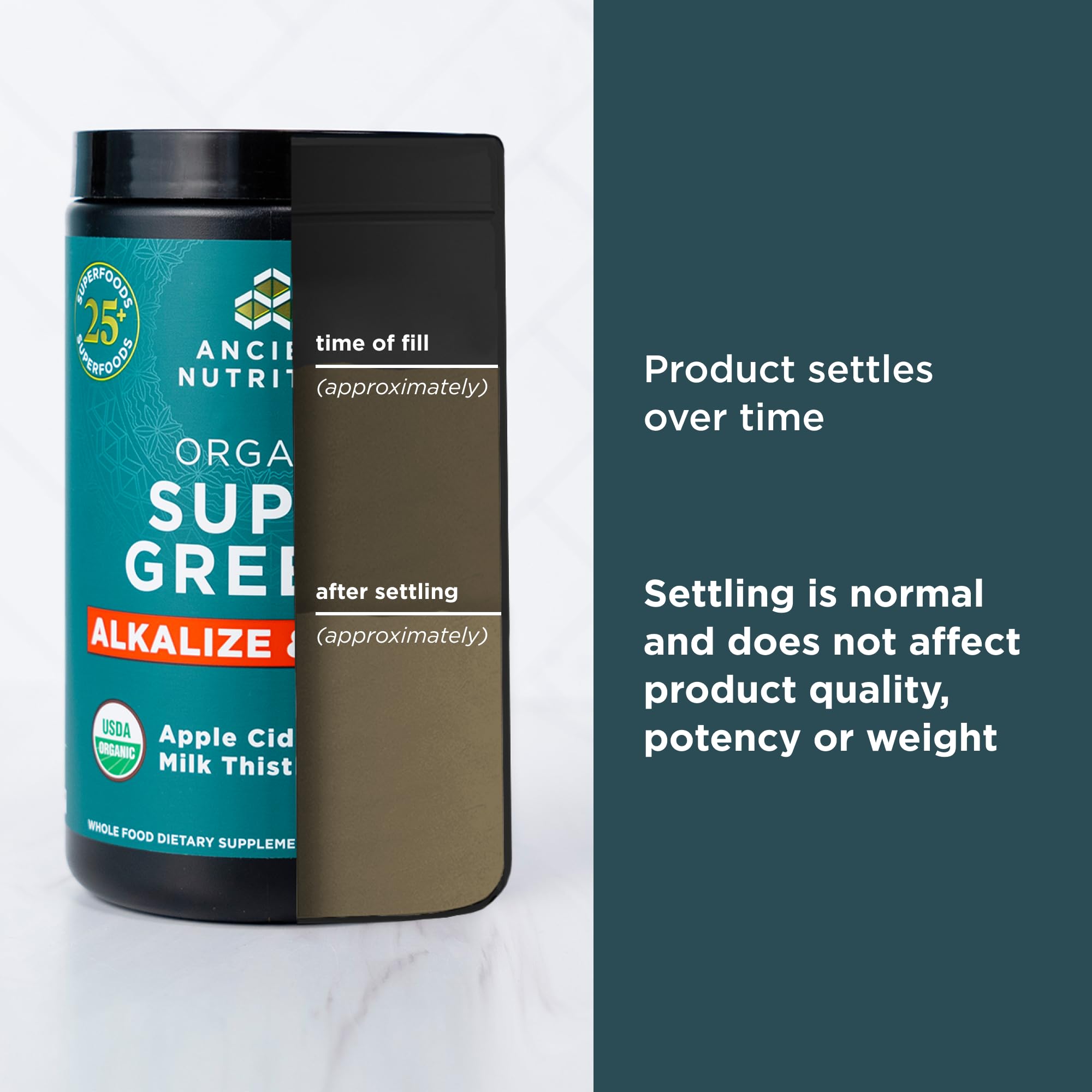 Smoothie prepared with Ancient Nutrition Supergreens for a healthy morning boost.