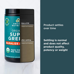 Smoothie prepared with Ancient Nutrition Supergreens for a healthy morning boost.