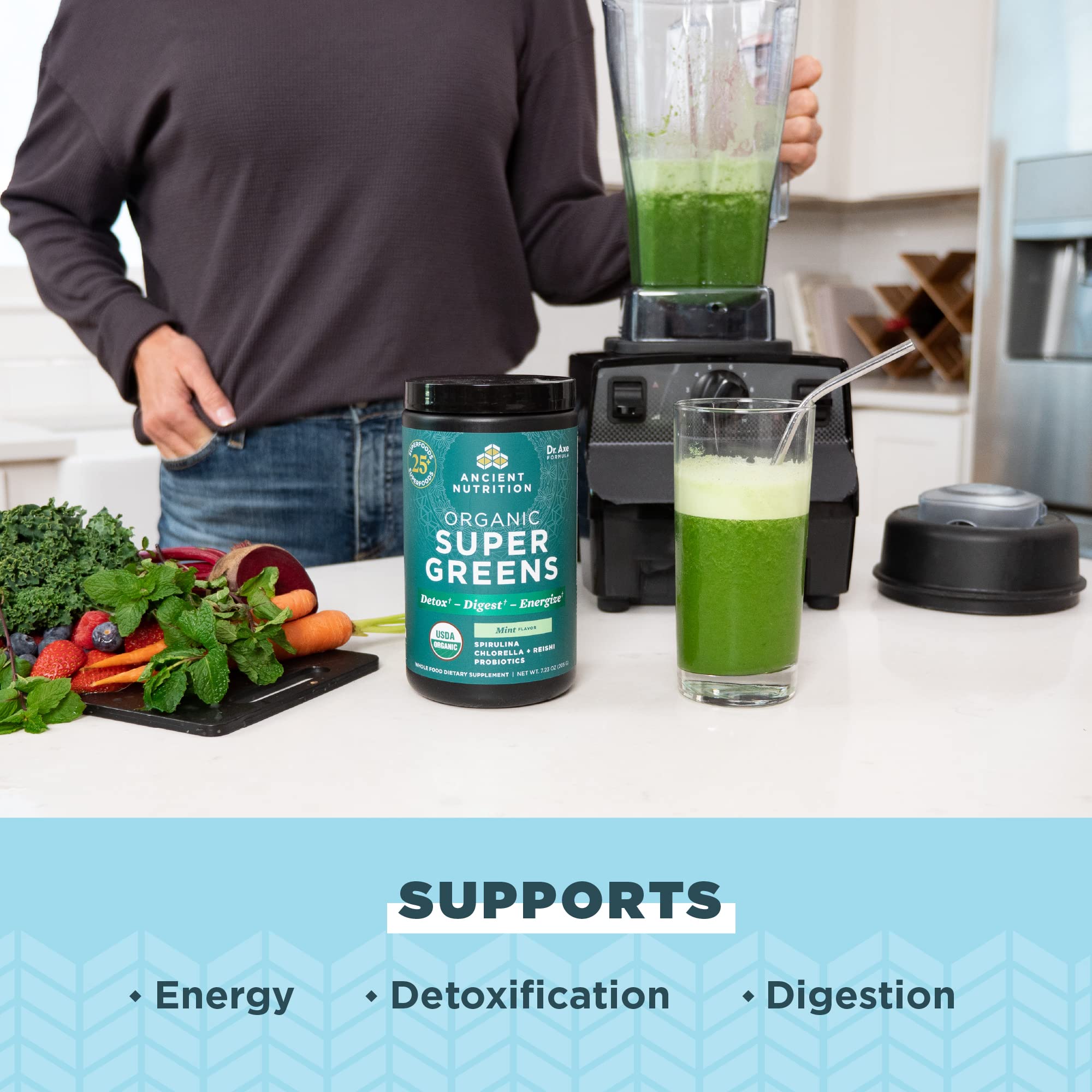 Ancient Nutrition SuperGreens organic spirulina and greens blend promotes natural energy.