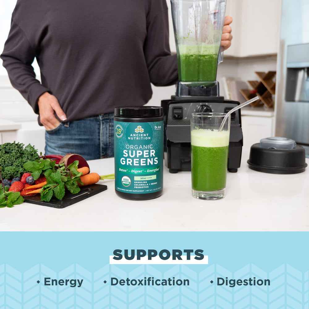 Ancient Nutrition SuperGreens organic spirulina and greens blend promotes natural energy.