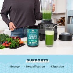 Ancient Nutrition SuperGreens organic spirulina and greens blend promotes natural energy.