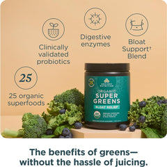 A spoon dipped into powder demonstrates easy mix for daily greens.