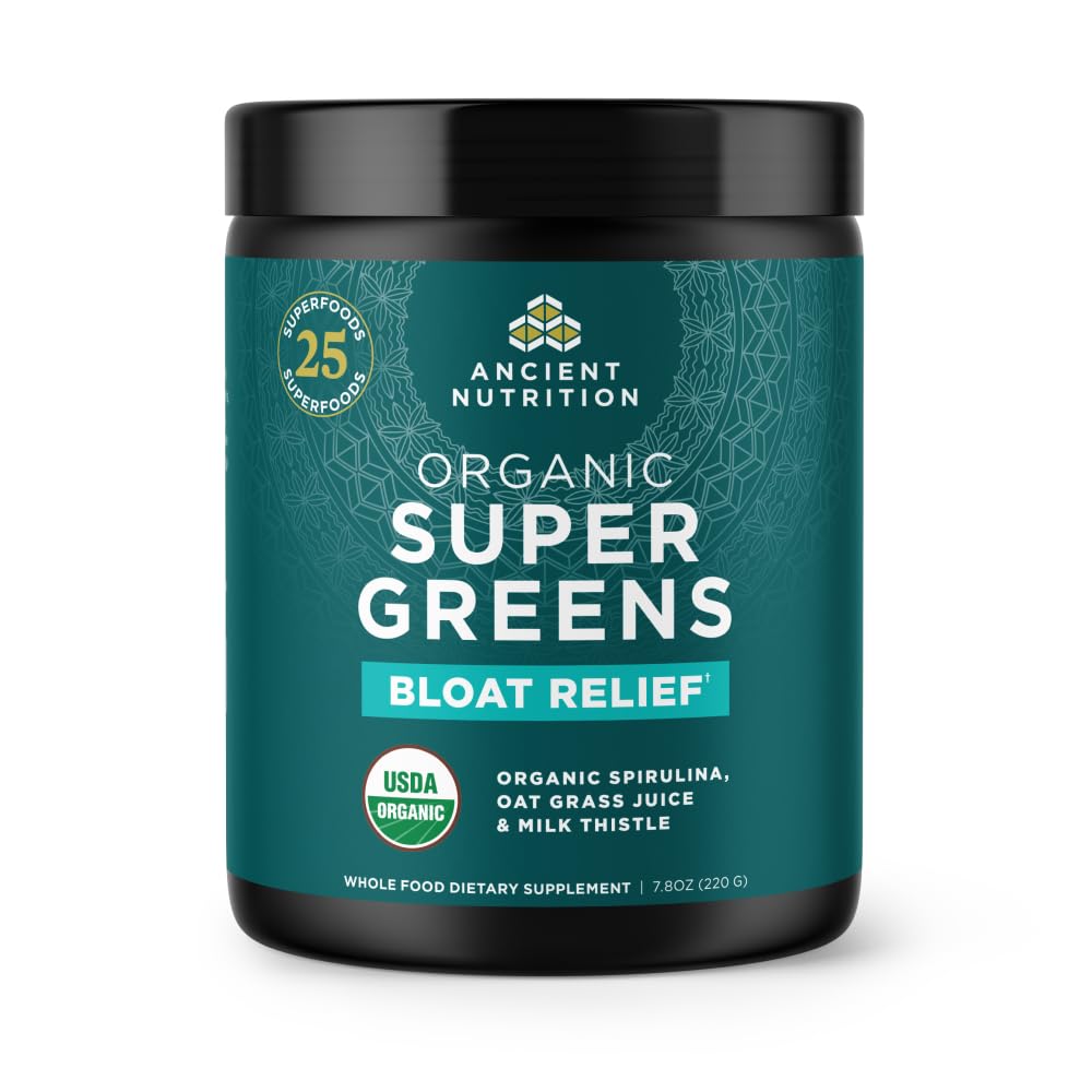 Ancient Nutrition SuperGreens tub label emphasizes 25 organic superfoods per serving.