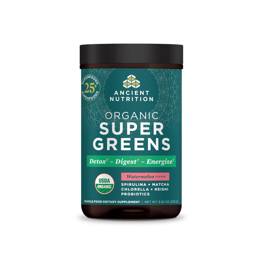 Ancient Nutrition SuperGreens watermelon powder in a tub for daily greens boost.