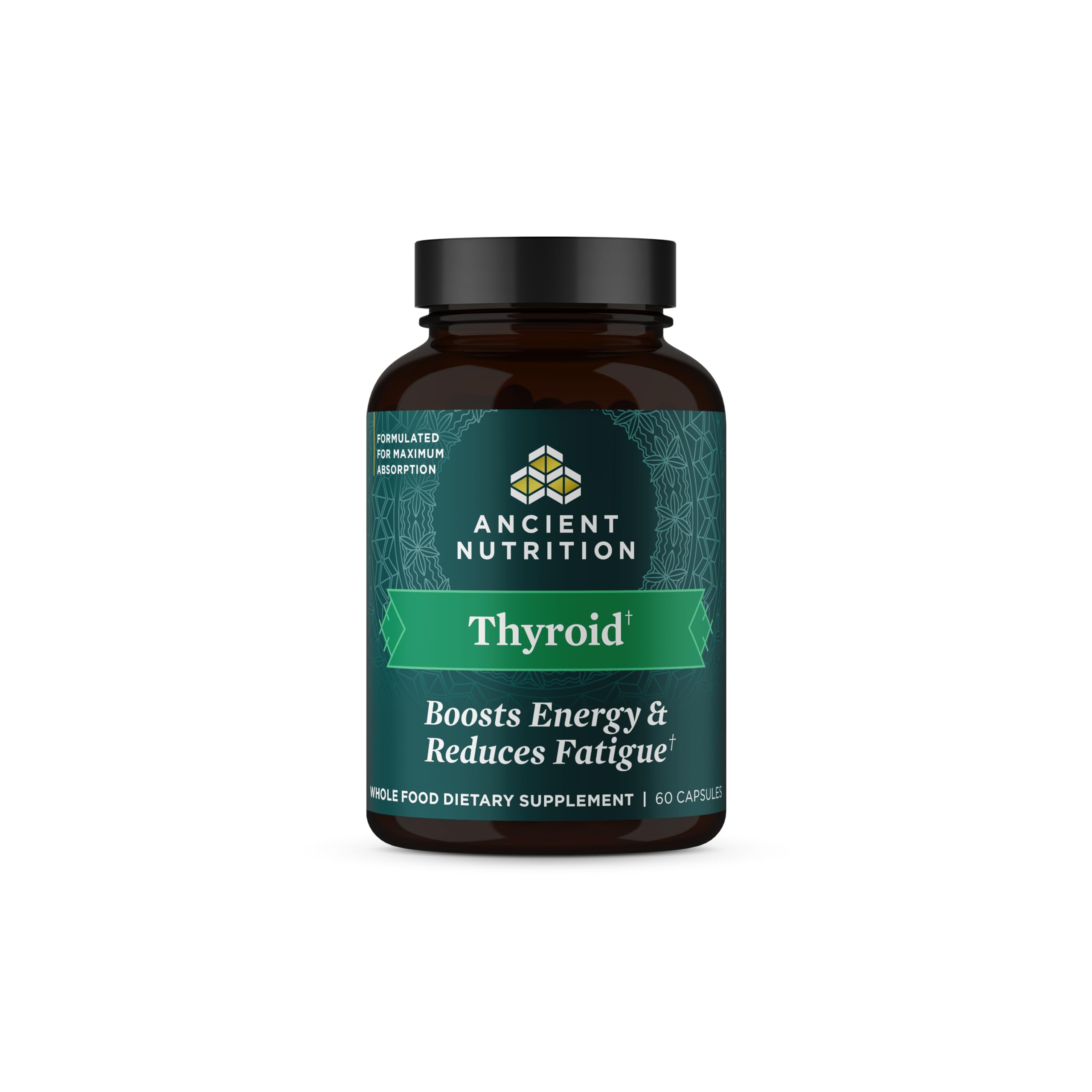 Ancient Nutrition thyroid support bottle on wood for daily wellness use