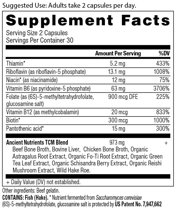 Ancient Nutrition Vitamin B Complex capsules close-up highlighting convenient daily intake.
