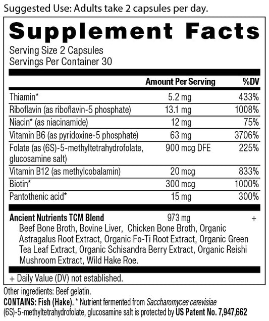Ancient Nutrition Vitamin B Complex capsules close-up highlighting convenient daily intake.
