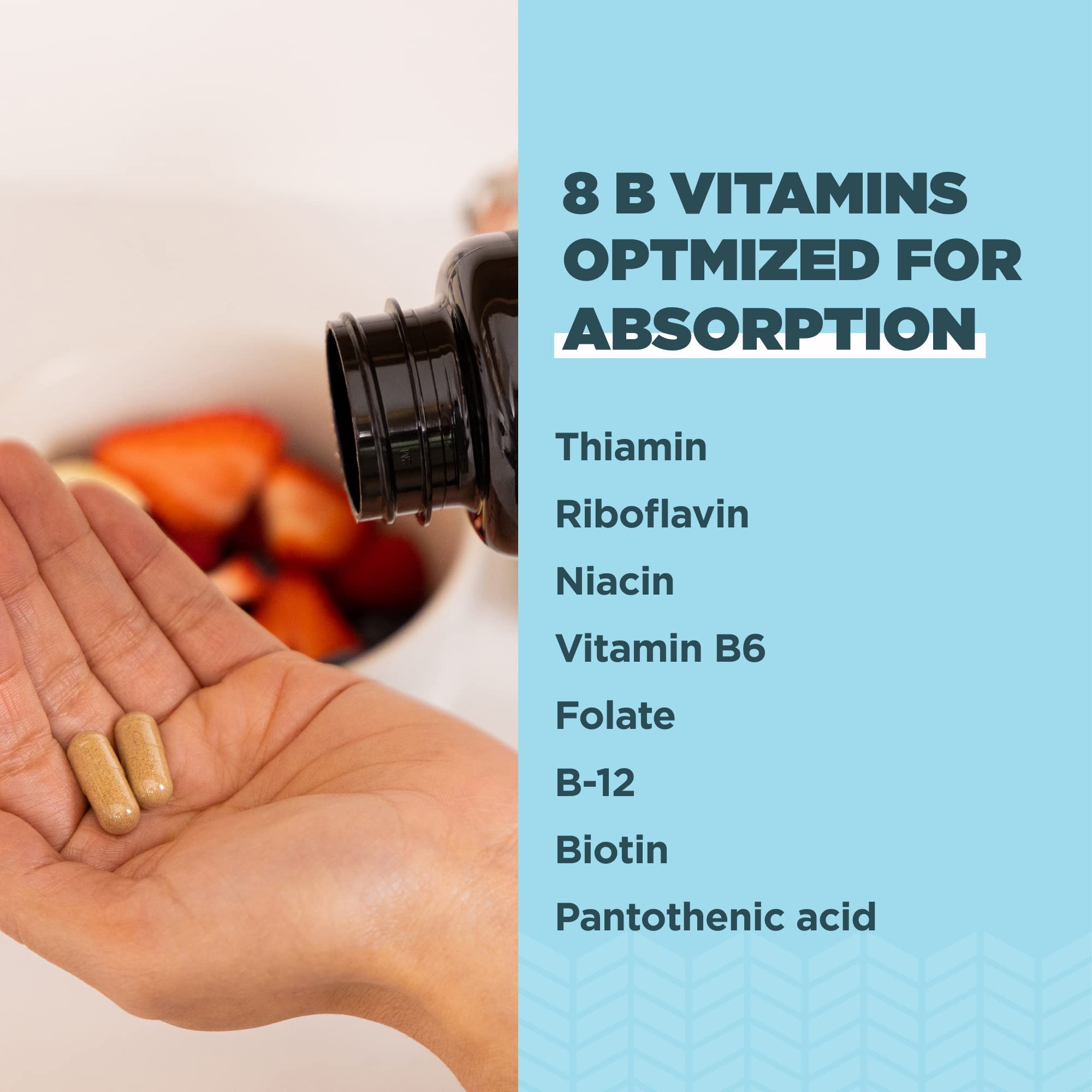 Ancient Nutrition Vitamin B Complex dosage instruction with water glass for easy daily use.