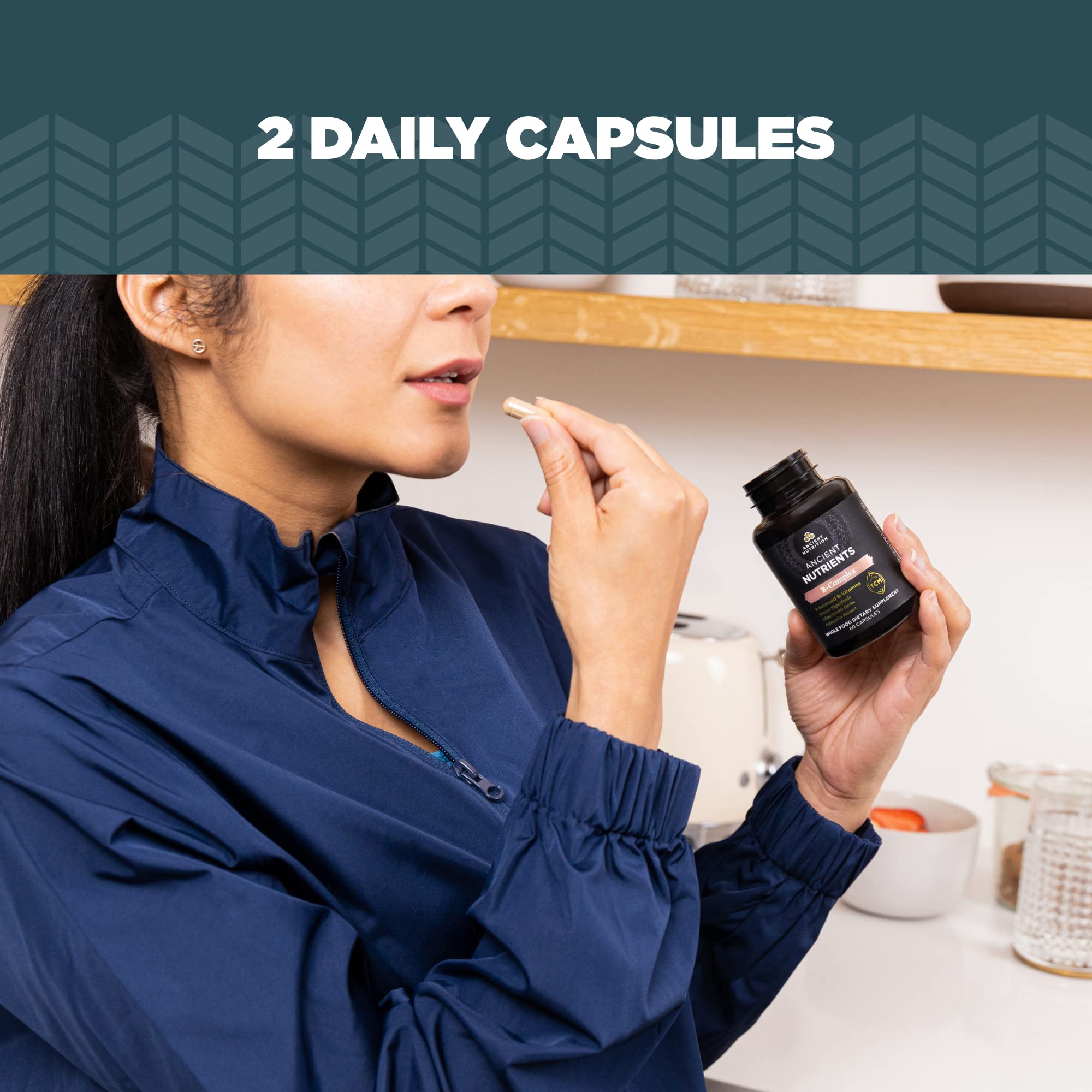 Ancient Nutrition Vitamin B Complex packaging showcase with bottle and box visible.