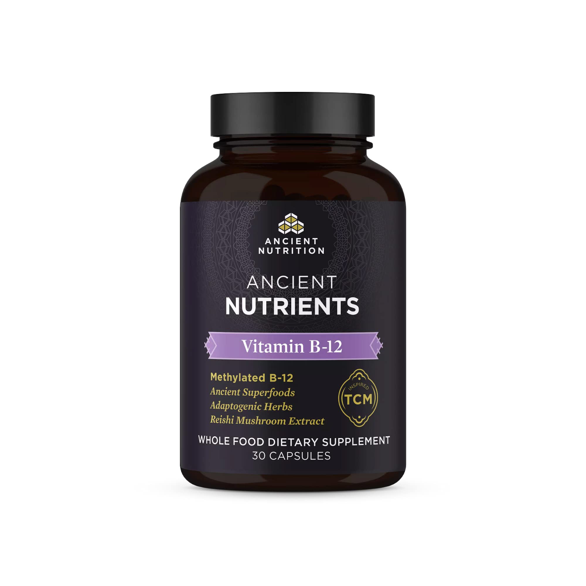 Ancient Nutrition Vitamin B12 supplement bottle showing energy-supporting capsules