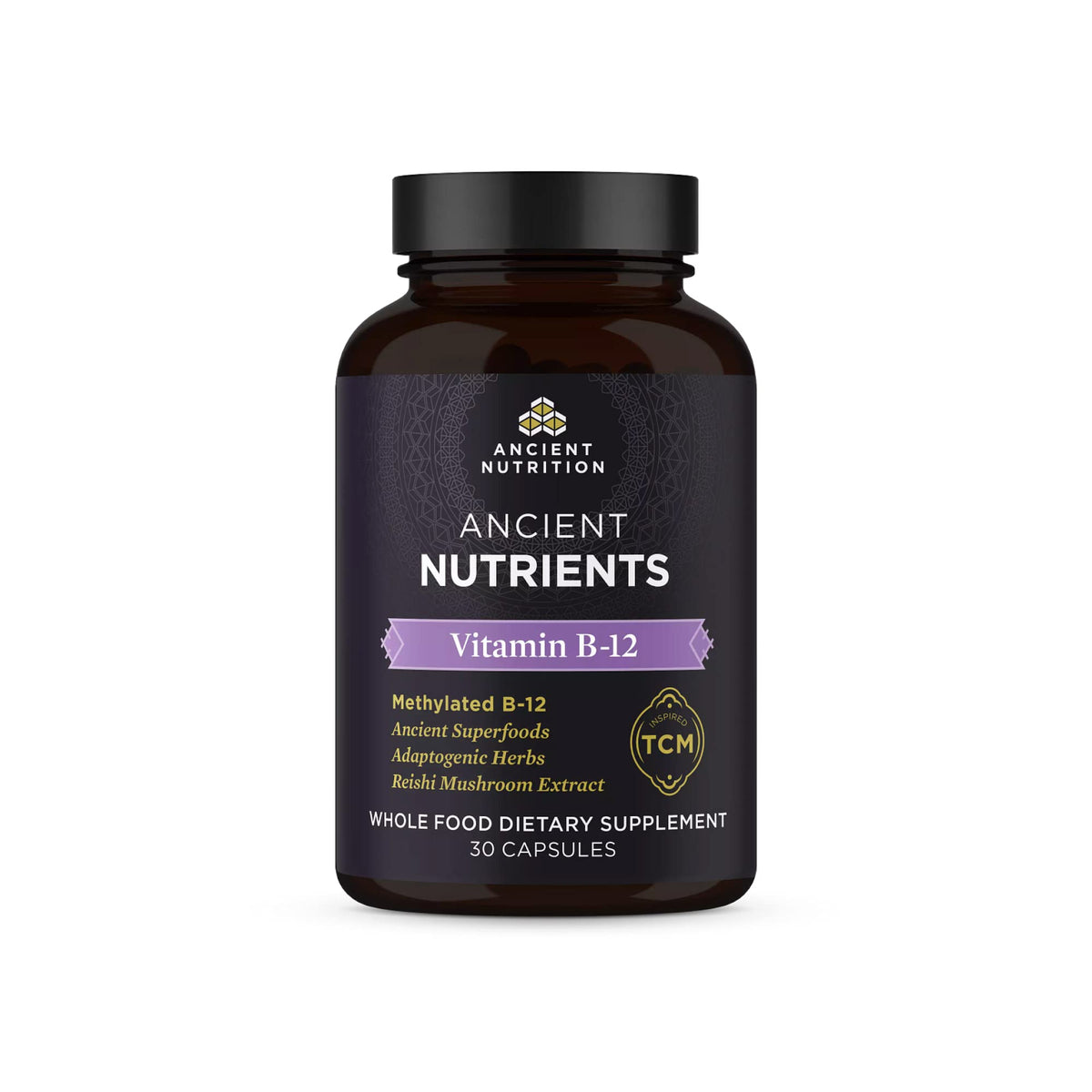 Ancient Nutrition Vitamin B12 supplement bottle showing energy-supporting capsules