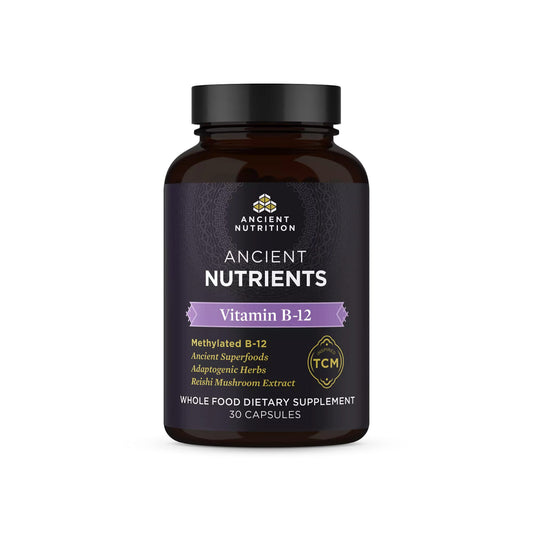 Ancient Nutrition Vitamin B12 supplement bottle showing energy-supporting capsules