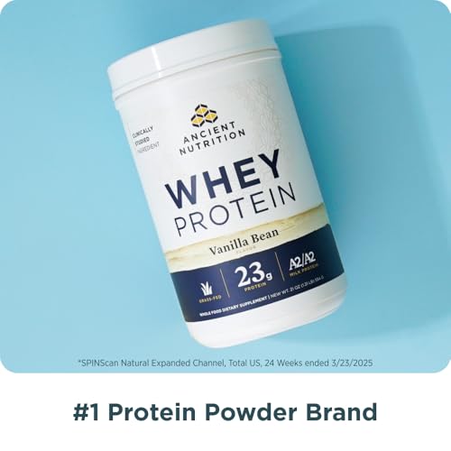 Ancient Nutrition whey protein being poured into a glass for a post-workout shake.