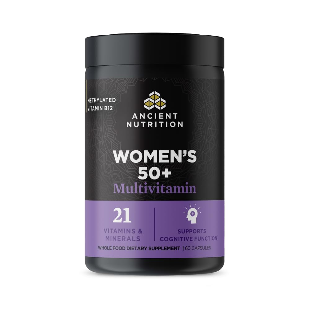 Ancient Nutrition Women’s 50+ multivitamin bottle closeup supports menopause management.