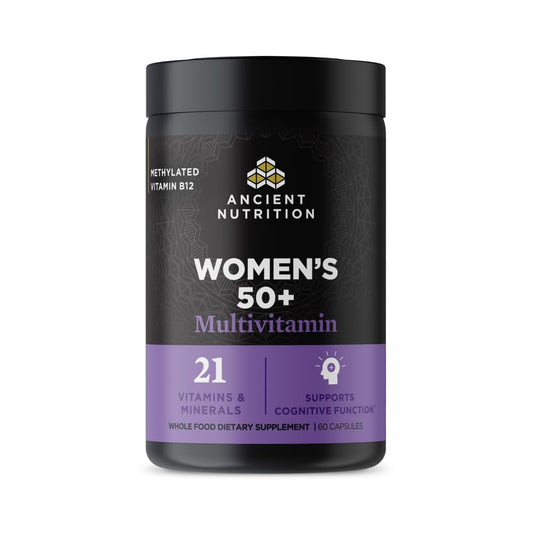 Ancient Nutrition Women’s 50+ multivitamin bottle closeup supports menopause management.