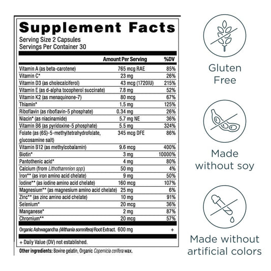 Ancient Nutrition Women’s 50+ multivitamin capsule closeup highlights absorption friendly minerals.
