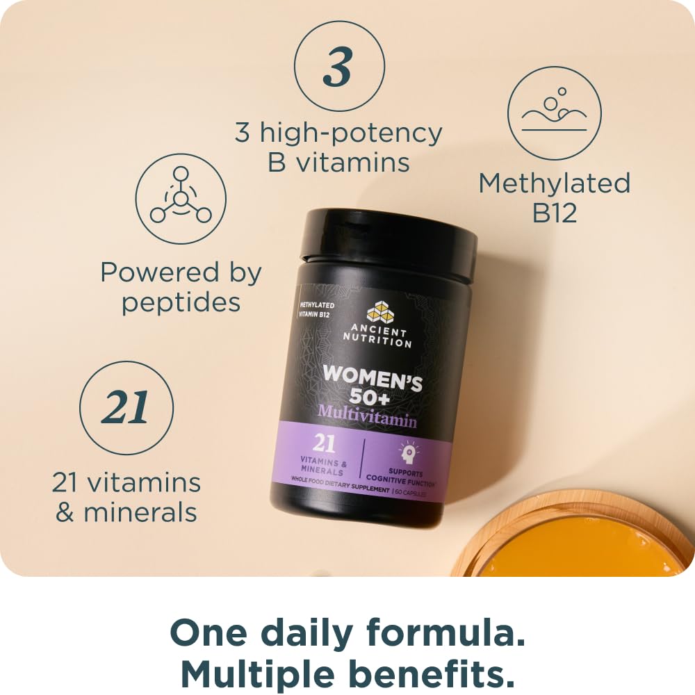 Ancient Nutrition label detail shows 21 vitamins and minerals for daily wellness.
