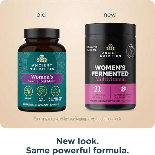Close-up of Ancient Nutrition multivitamin capsules highlighting fermented ingredients