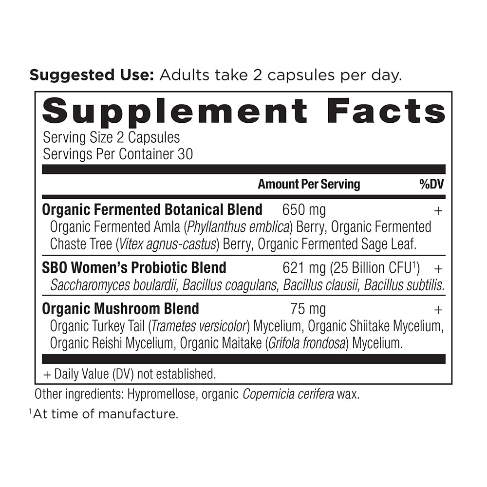 Ancient Nutrition Women's SBO Probiotics bottle side shows capsules; may support gut health as routine.