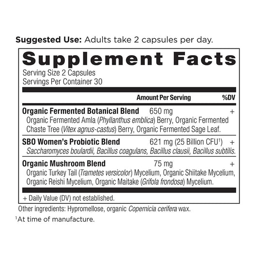 Ancient Nutrition Women's SBO Probiotics bottle side shows capsules; may support gut health as routine.