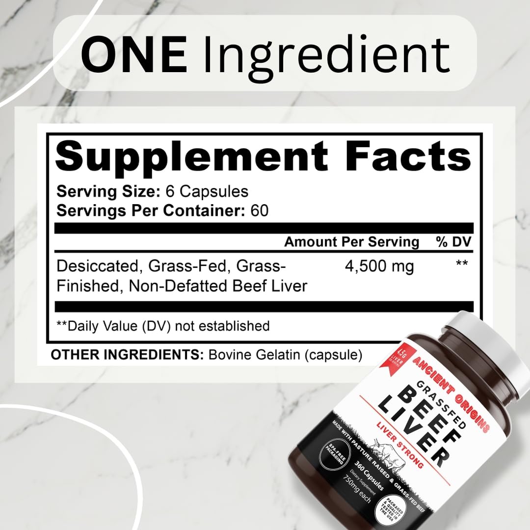 Ancient Origins freeze-dried liver capsules close-up on the nutrition label.