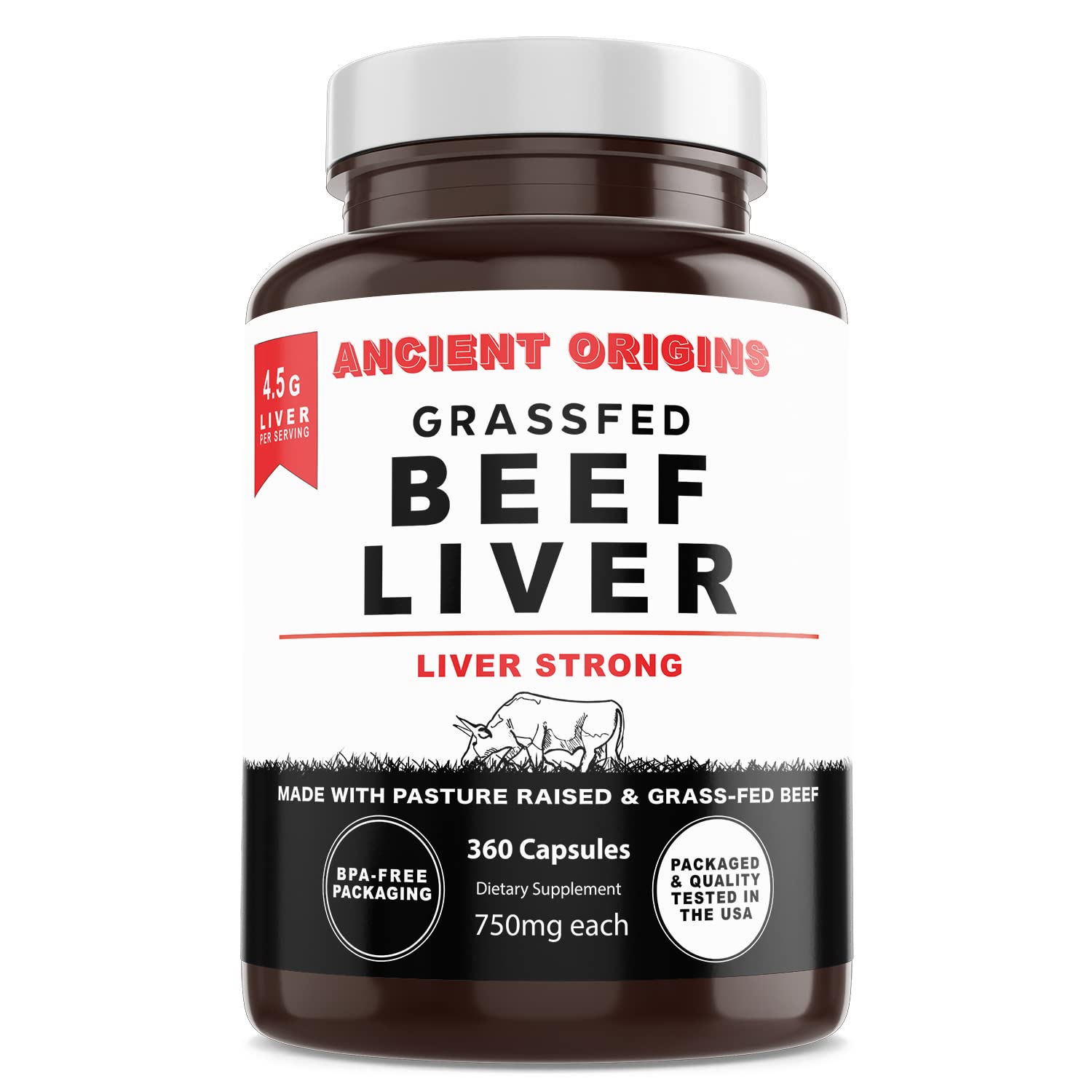 Ancient Origins grass-fed beef liver bottle shows two-month supply for daily vitality.