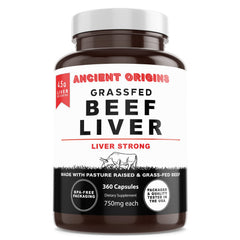 Ancient Origins grass-fed beef liver bottle shows two-month supply for daily vitality.