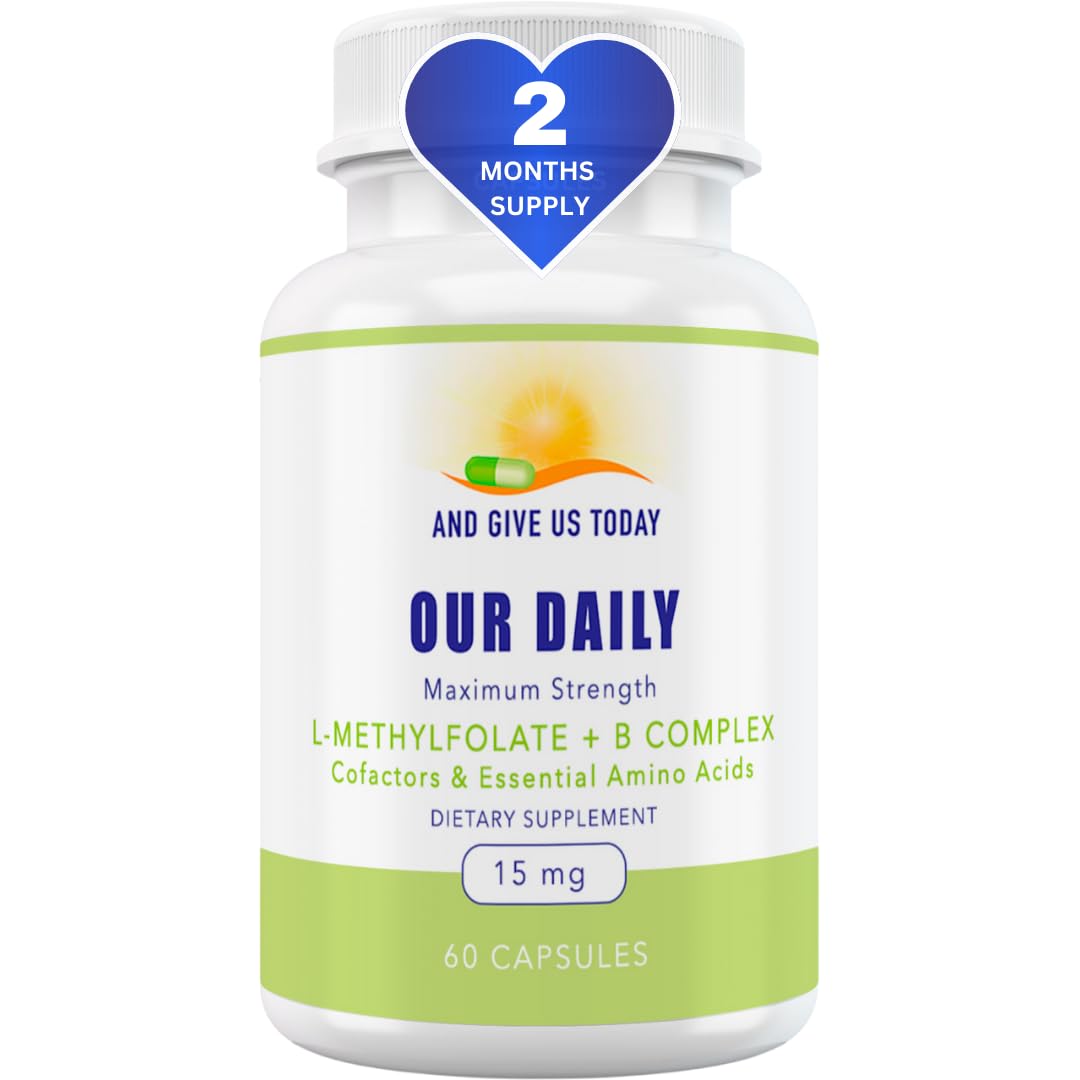 Our Daily Vites bottle close-up highlighting L-methylfolate complex for daily energy support