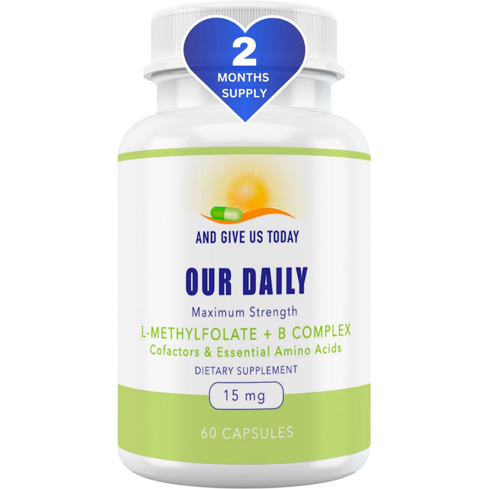 Our Daily Vites bottle close-up highlighting L-methylfolate complex for daily energy support