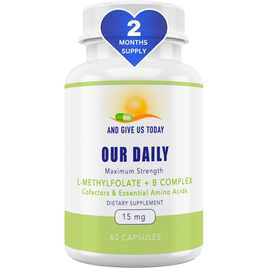 Our Daily Vites bottle close-up highlighting L-methylfolate complex for daily energy support