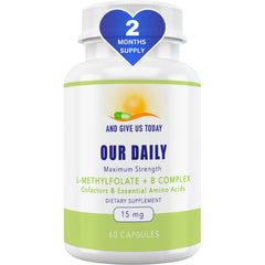 Our Daily Vites bottle close-up highlighting L-methylfolate complex for daily energy support