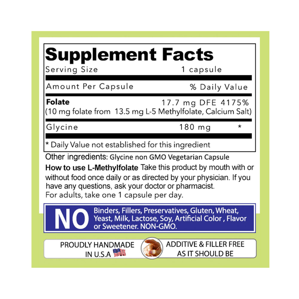 Our Daily Vites L-Methylfolate bottle on a shelf with a filler-free formula.