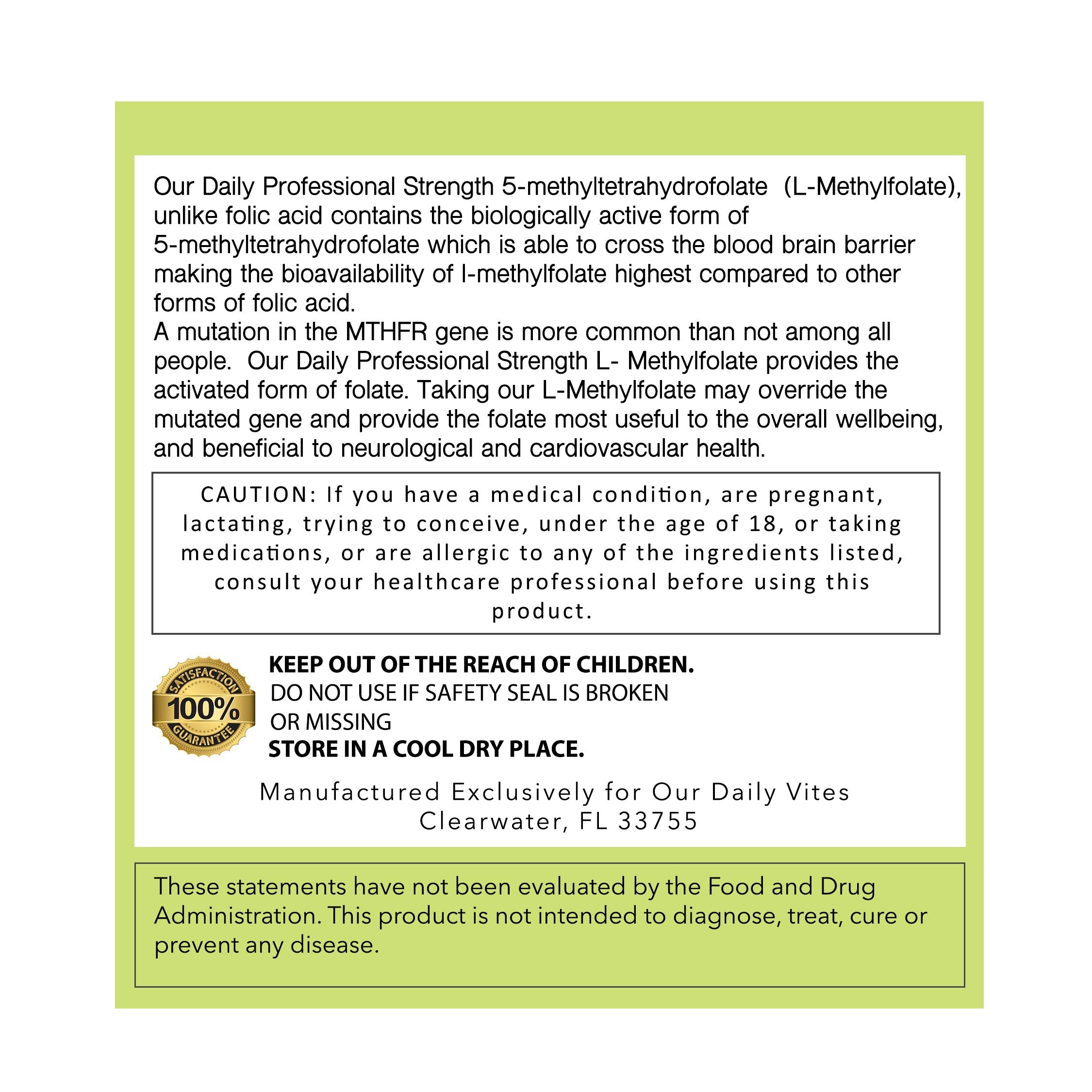 Our Daily Vites L-Methylfolate label highlights gluten-free and vegan features.