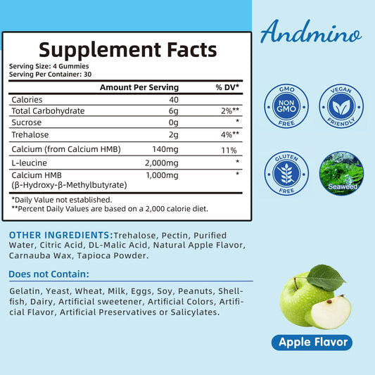 Andmino HMB Leucine Gummies bottle label, vegan and non-GMO.