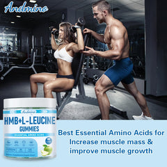 Andmino HMB Leucine Gummies jar showing 120-count supply.