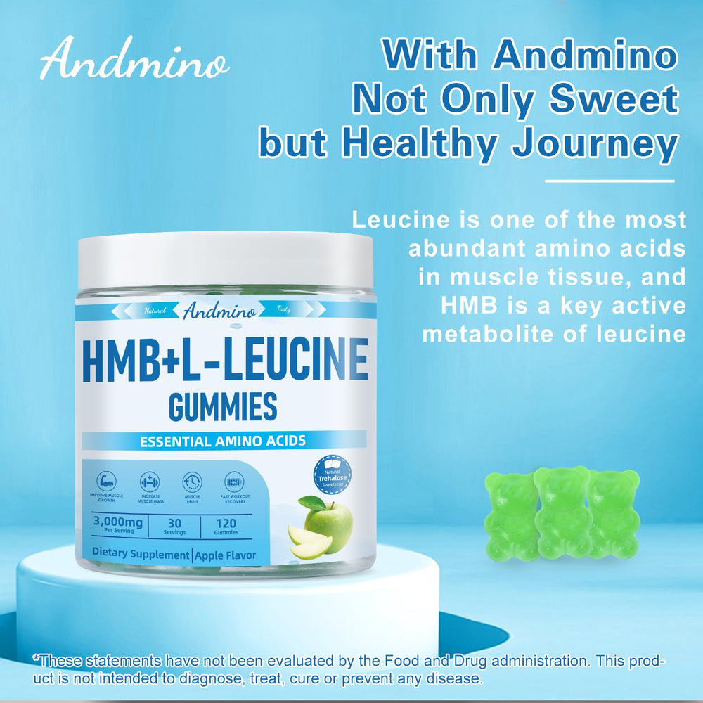 Andmino HMB Leucine Gummies packaging display highlighting quality and flavor.