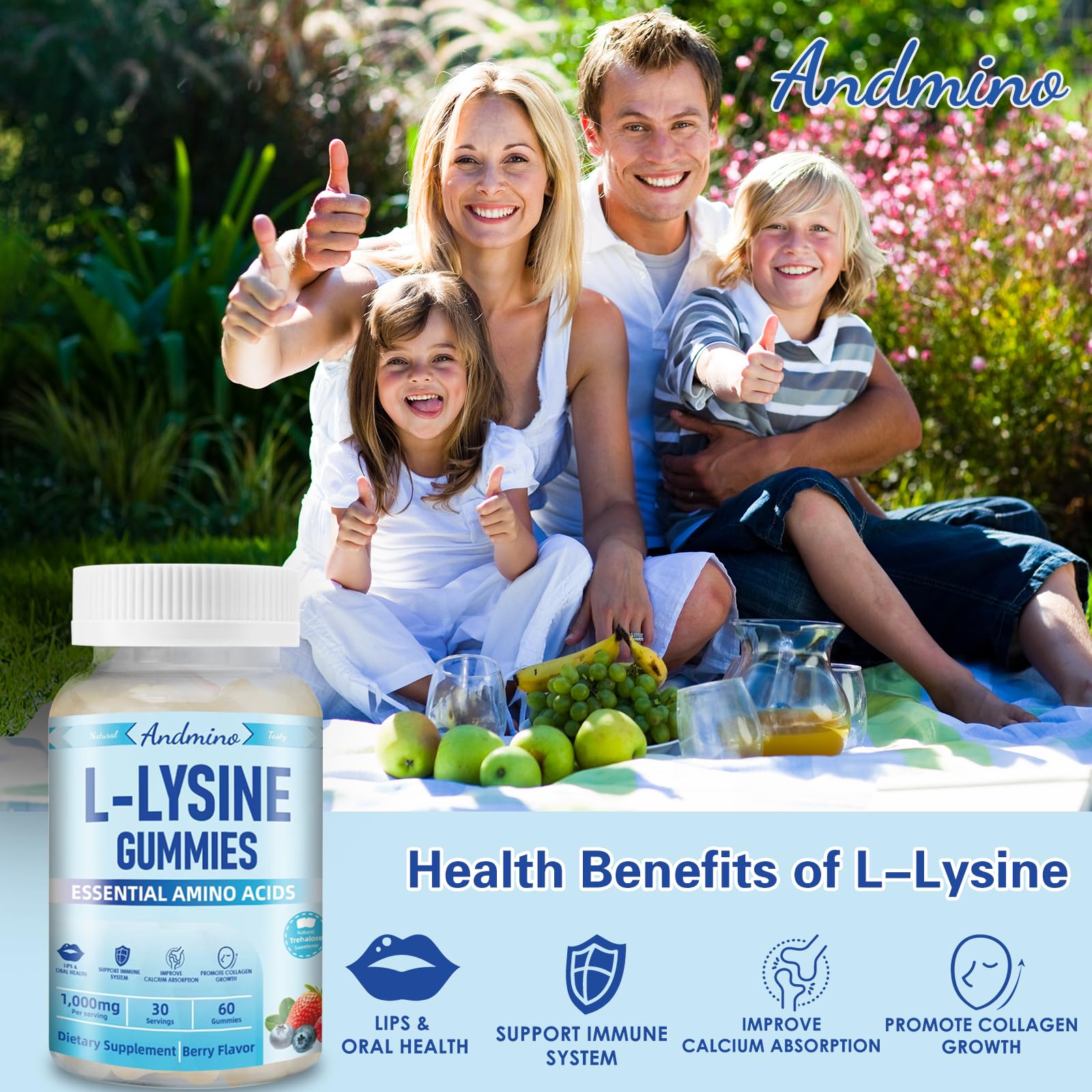 Andmino L-Lysine Gummies berry flavor in a bowl suggesting tasty daily use.