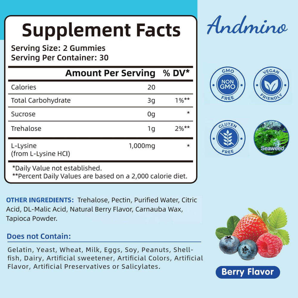 Andmino L-Lysine Gummies close-up texture for a pleasant chew today.