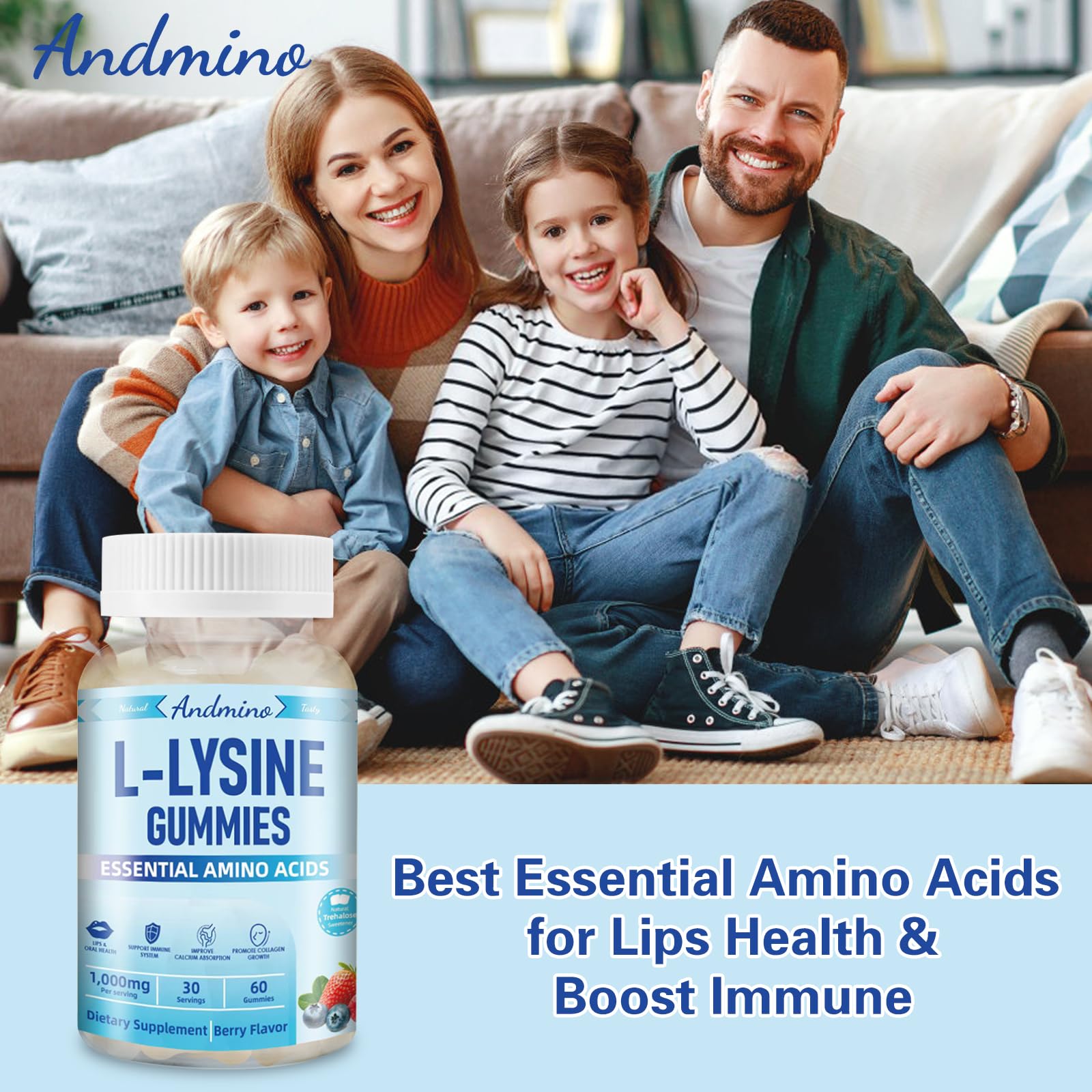 Andmino L-Lysine Gummies feature pectin texture for a pleasant chew.