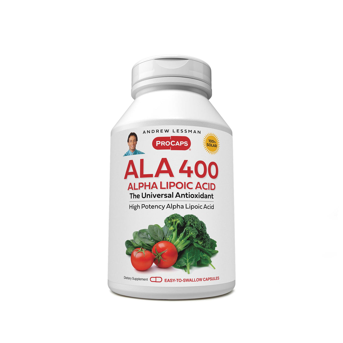 Andrew Lessman Alpha Lipoic Acid 400mg bottle front shows potent antioxidant support