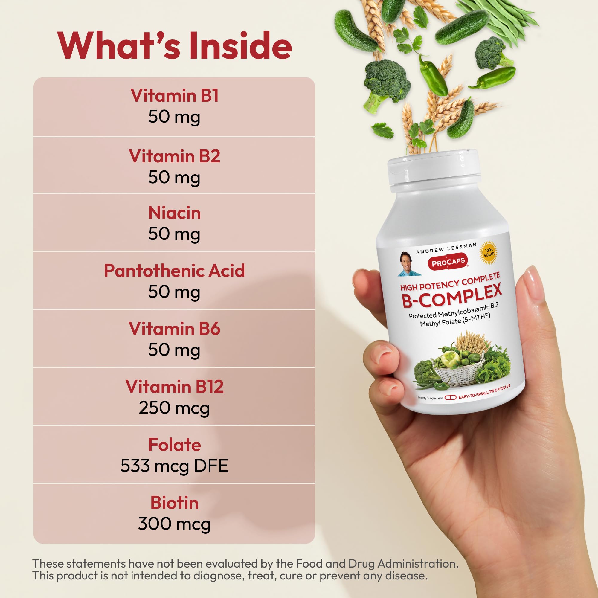 ANDREW LESSMAN B-Complex capsules pouring into hand for easy daily intake.